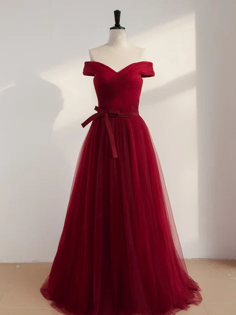 Burgundy Off The Shoulder Tulle Prom Dress Pleated Bodice With Bow Sash
