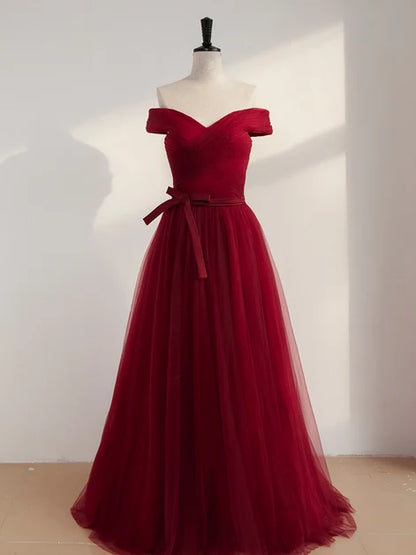 Burgundy Off The Shoulder Tulle Prom Dress Pleated Bodice With Bow Sash