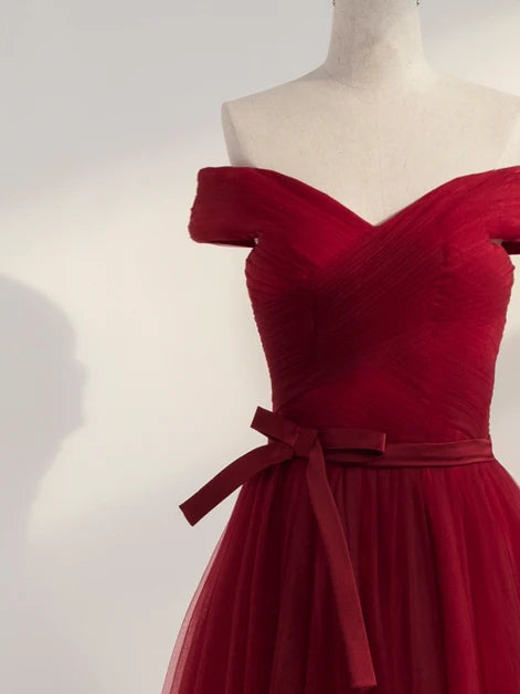 Burgundy Off The Shoulder Tulle Prom Dress Pleated Bodice With Bow Sash