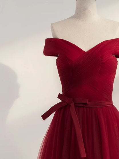 Burgundy Off The Shoulder Tulle Prom Dress Pleated Bodice With Bow Sash