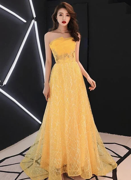 Yellow Strapless Glitter Tulle A Line Prom Dress Beaded Waist