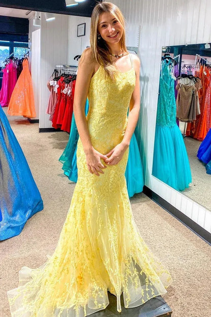 Yellow Lace Spaghetti Strap Lace-Up Back Mermaid Prom Dress