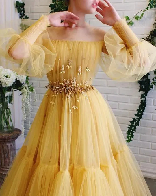 Yellow Off-the-Shoulder Puff Sleeve Tiered Tulle A-Line Prom Dress