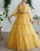 Yellow Off-the-Shoulder Puff Sleeve Tiered Tulle A-Line Prom Dress