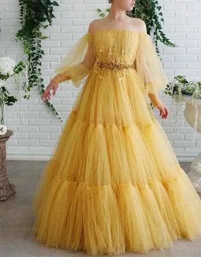 Yellow Off-the-Shoulder Puff Sleeve Tiered Tulle A-Line Prom Dress