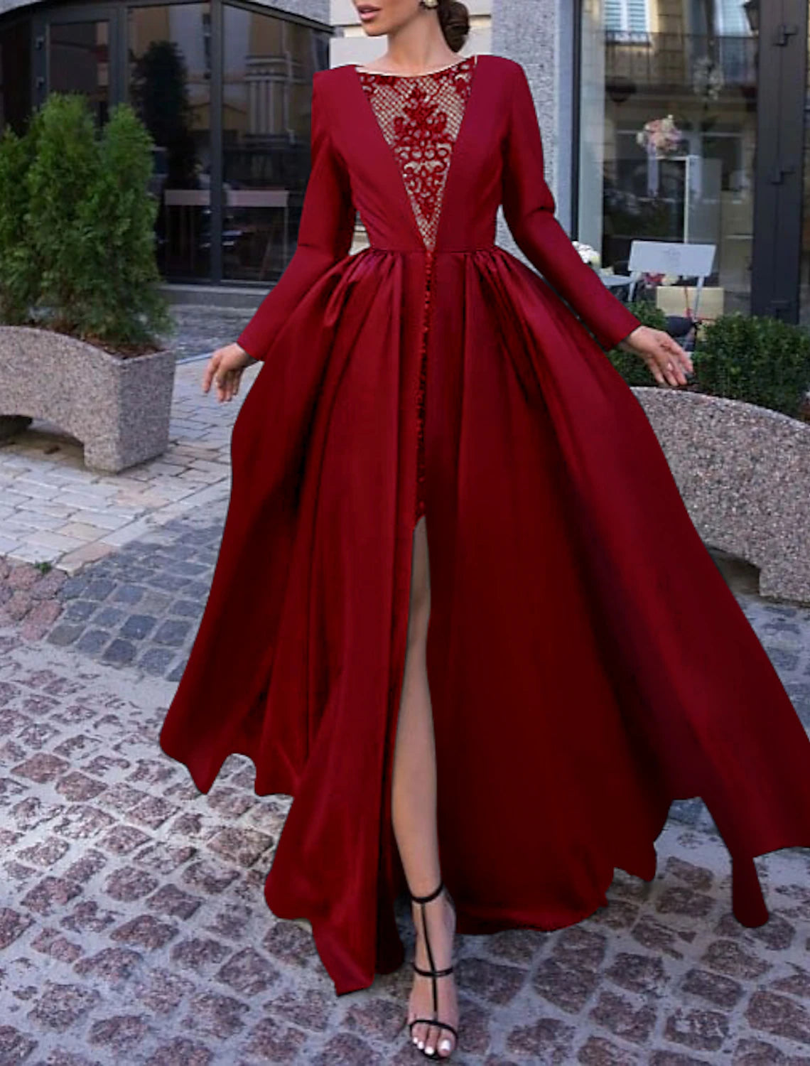 Ball Gown Evening Gown Black Dress Plus Size Vintage Halloween Wedding Party Sweep / Brush Train Long Sleeve Illusion Neck Wednesday Addams Family Satin with Slit Overskirt