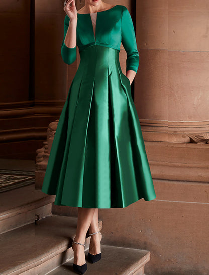 A-Line Cocktail Dresses Minimalist Dress Christmas Red Green Dress Wedding Guest Tea Length 3/4 Length Sleeve Jewel Neck Fall Wedding Guest Satin with Pleats Mother of the Bride Dresses
