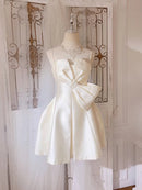 Spaghetti Strap Backless Unique Bow knot Prom Dress Cute Light Champagne Short Party Dress