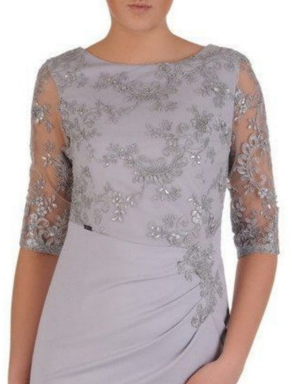 Sheath / Column Mother of the Bride Dress Wedding Guest Party Elegant Scoop Neck Knee Length Chiffon Lace Half Sleeve with Sequin