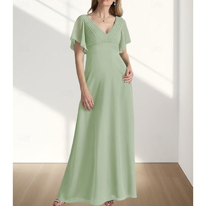 AABEI DRESS Wedding Guest Dress Elegant A-Line V Neck Floor Length Chiffon Short Sleeve with Ruching Simple Mother of the Bride Dress