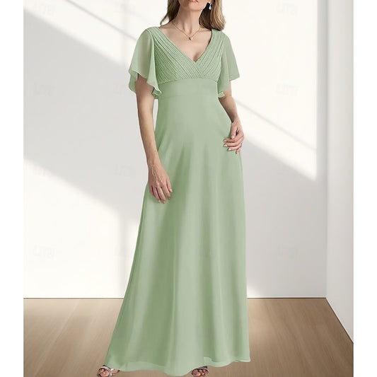 AABEI DRESS Wedding Guest Dress Elegant A-Line V Neck Floor Length Chiffon Short Sleeve with Ruching Simple Mother of the Bride Dress