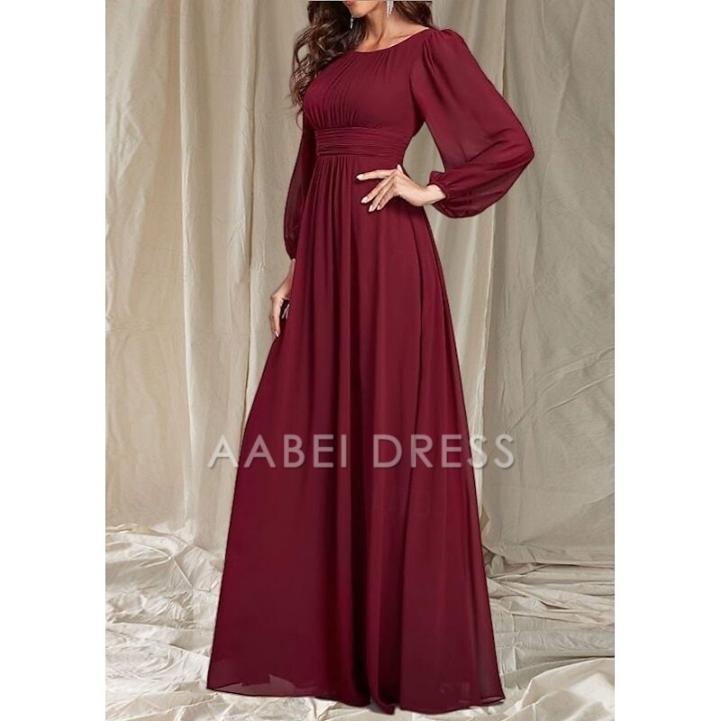 AABEI DRESS Wedding Guest Dress Elegant A-Line Crew Neck Long Sleeve Floor Length Chiffon Ruching Simple Mother of the Bride Dress