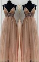 AABEI DRESS High Quality Prom Dresses A-Line Elegant Beading Tulle Spaghetti Straps Sleeveless Floor-Length Dresses
