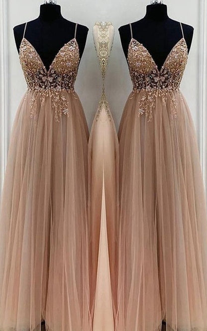 AABEI DRESS High Quality Prom Dresses A-Line Elegant Beading Tulle Spaghetti Straps Sleeveless Floor-Length Dresses