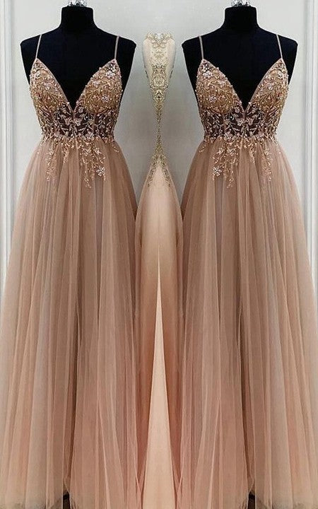 AABEI DRESS High Quality Prom Dresses A-Line Elegant Beading Tulle Spaghetti Straps Sleeveless Floor-Length Dresses