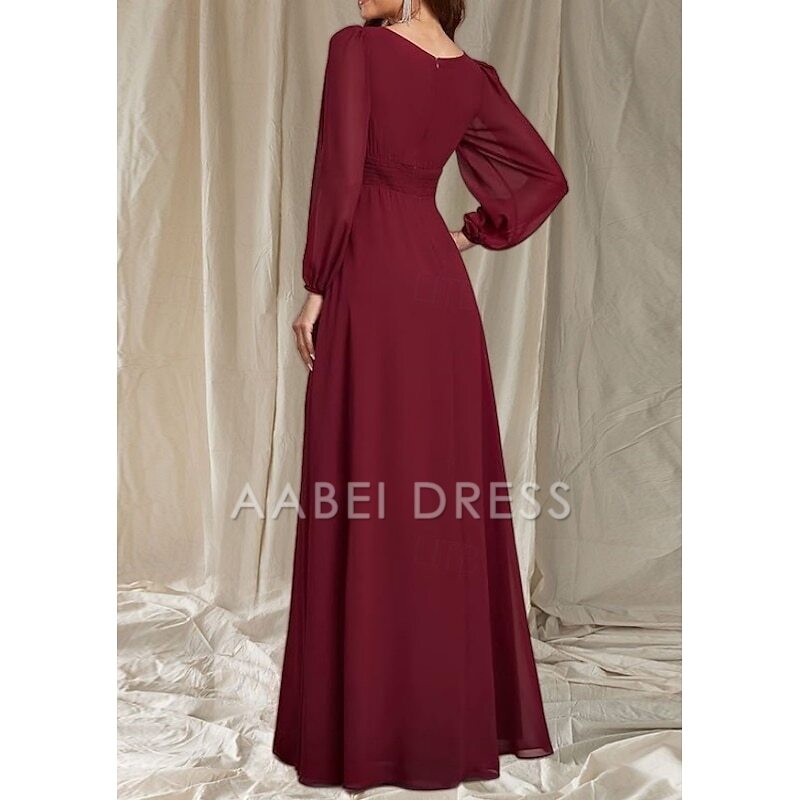 AABEI DRESS Wedding Guest Dress Elegant A-Line Crew Neck Long Sleeve Floor Length Chiffon Ruching Simple Mother of the Bride Dress