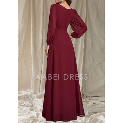 AABEI DRESS Wedding Guest Dress Elegant A-Line Crew Neck Long Sleeve Floor Length Chiffon Ruching Simple Mother of the Bride Dress