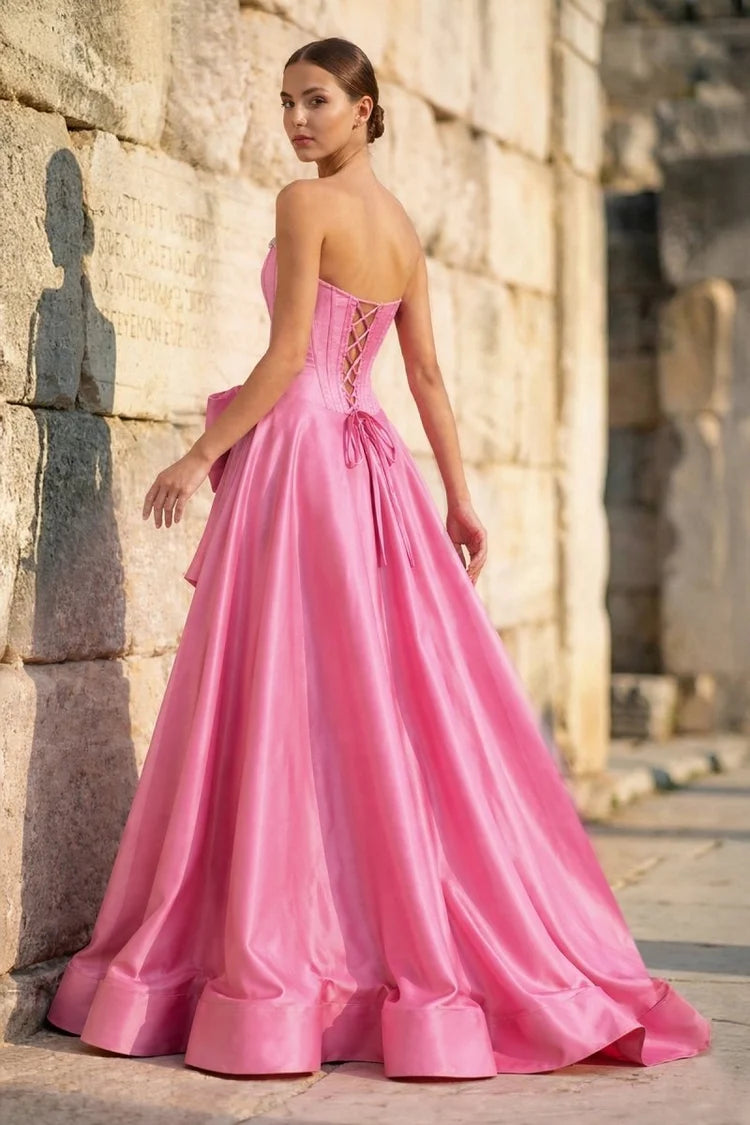 Pink Strapless A-Line Satin Prom Dress Corset Lace Up Back Big Bow Formal Gown