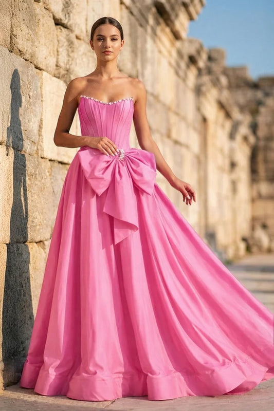 Pink Strapless A-Line Satin Prom Dress Corset Lace Up Back Big Bow Formal Gown