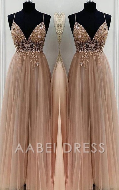 AABEI DRESS High Quality Prom Dresses A-Line Elegant Beading Tulle Spaghetti Straps Sleeveless Floor-Length Dresses