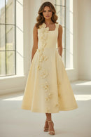 Square neck sleeveless 3D floral applique a-line midi dress