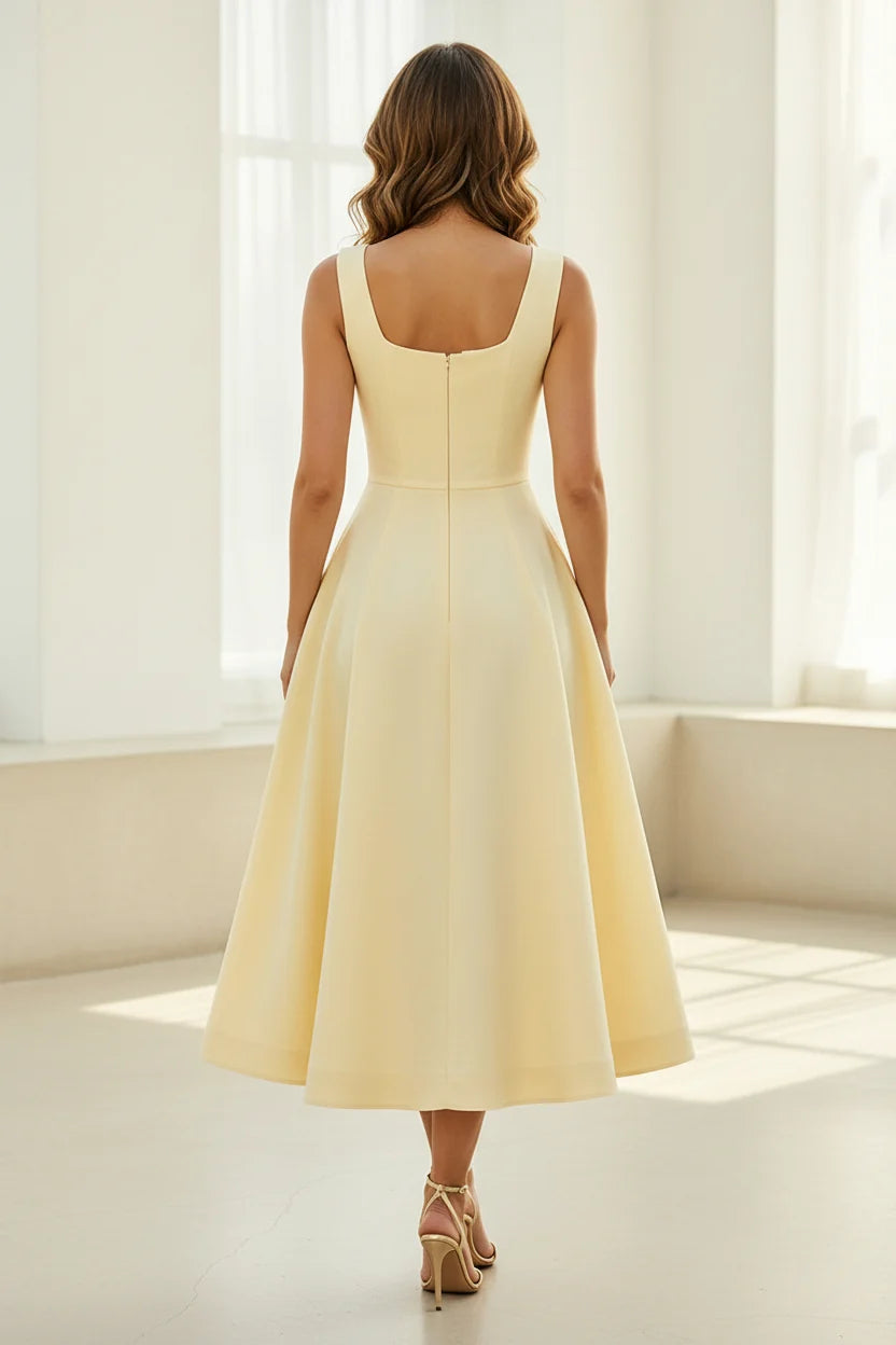 Square neck sleeveless 3D floral applique a-line midi dress
