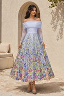 Off shoulder tulle long sleeve colorful floral applique midi a-line gown