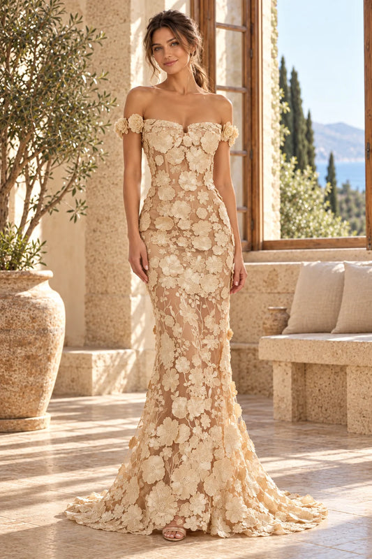 Off shoulder 3d floral lace mermaid corset lace up back sweep train evening gown