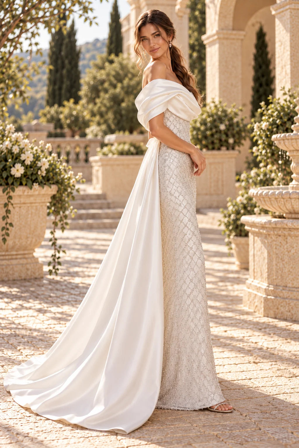 Off shoulder satin draped beaded mermaid gown with detachable overskirt train