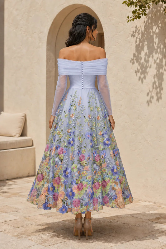 Off shoulder tulle long sleeve colorful floral applique midi a-line gown