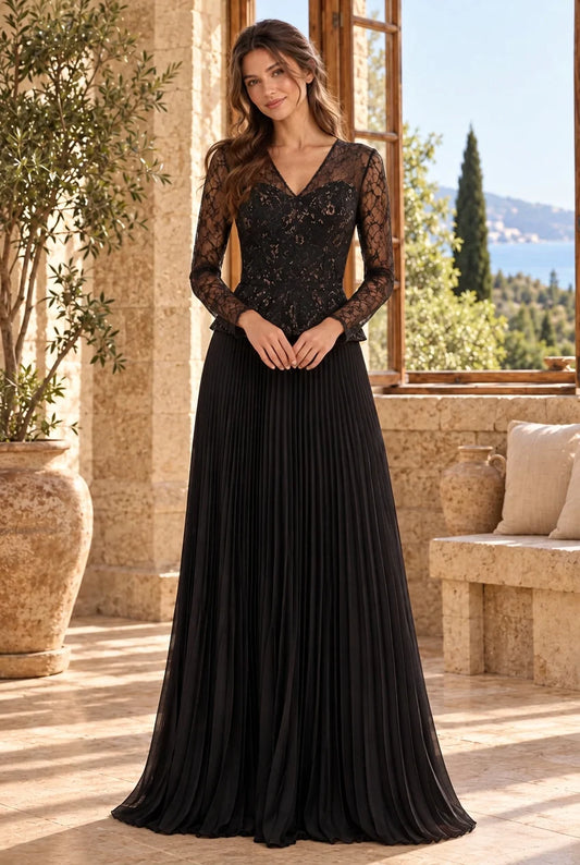 Long sleeve v-neck lace peplum pleated chiffon a-line floor length evening gown