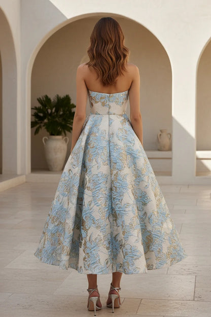 Strapless jacquard floral print midi a-line formal party gown