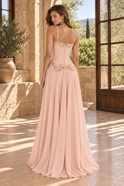 Spaghetti strap v-neck floral appliqué beaded chiffon high slit a-line long prom gown