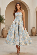 Strapless jacquard floral print midi a-line formal party gown