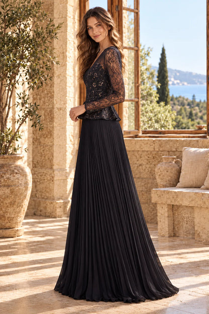 Long sleeve v-neck lace peplum pleated chiffon a-line floor length evening gown