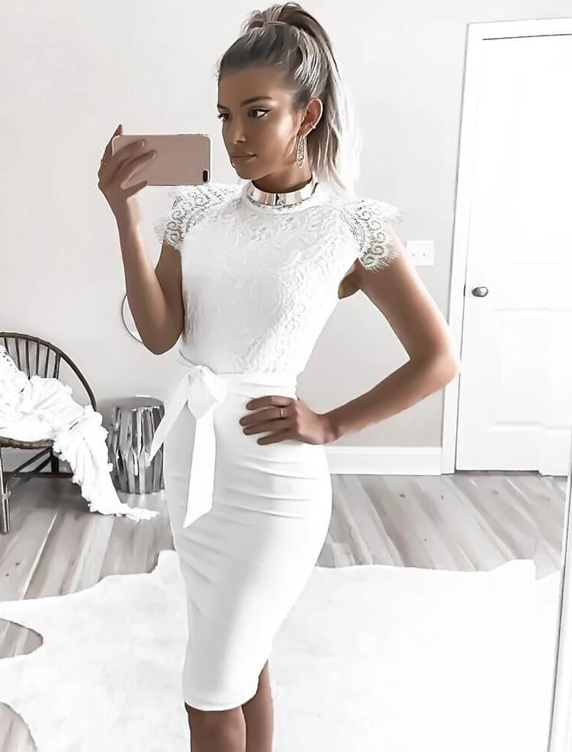 Women's Bodycon Knee Length Dress White Sleeveless Solid Color Lace up – Aabei Dress