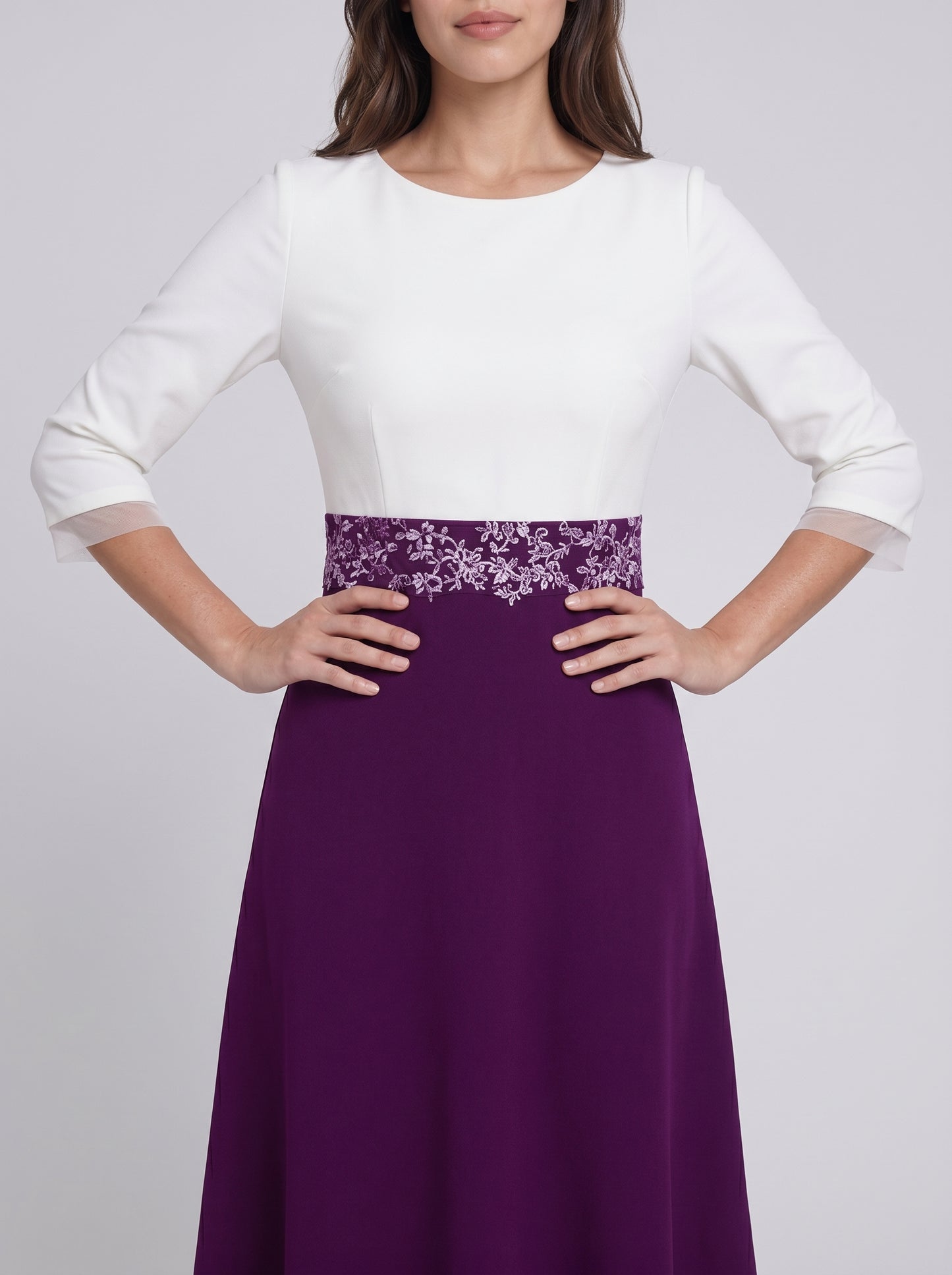 Purple Crepe A-Line Boat Neck Back Zip Midi Dress