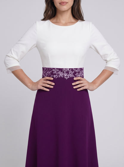 Purple Crepe A-Line Boat Neck Back Zip Midi Dress