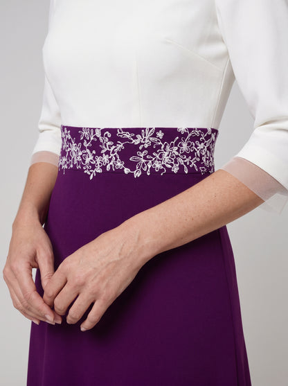 Purple Crepe A-Line Boat Neck Back Zip Midi Dress