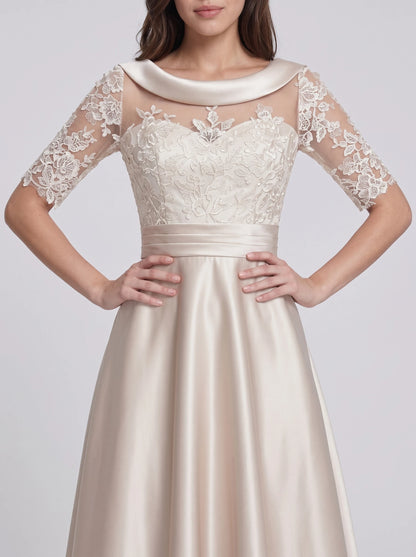 Mother of the Bride Dress A-Line Fall Wedding Guest Dresses Vintage Elegant Scoop Neck Tea Length Satin Lace Half Sleeve with Ruched Appliques