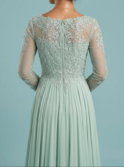 Mint Green Chiffon A-Line Boat Neck Back Zip Floor-Length Dress