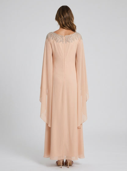 Elegant Sheath Bateau-neck Cape-sleeve Solid-back Floor-length Mother of the Bride Dress