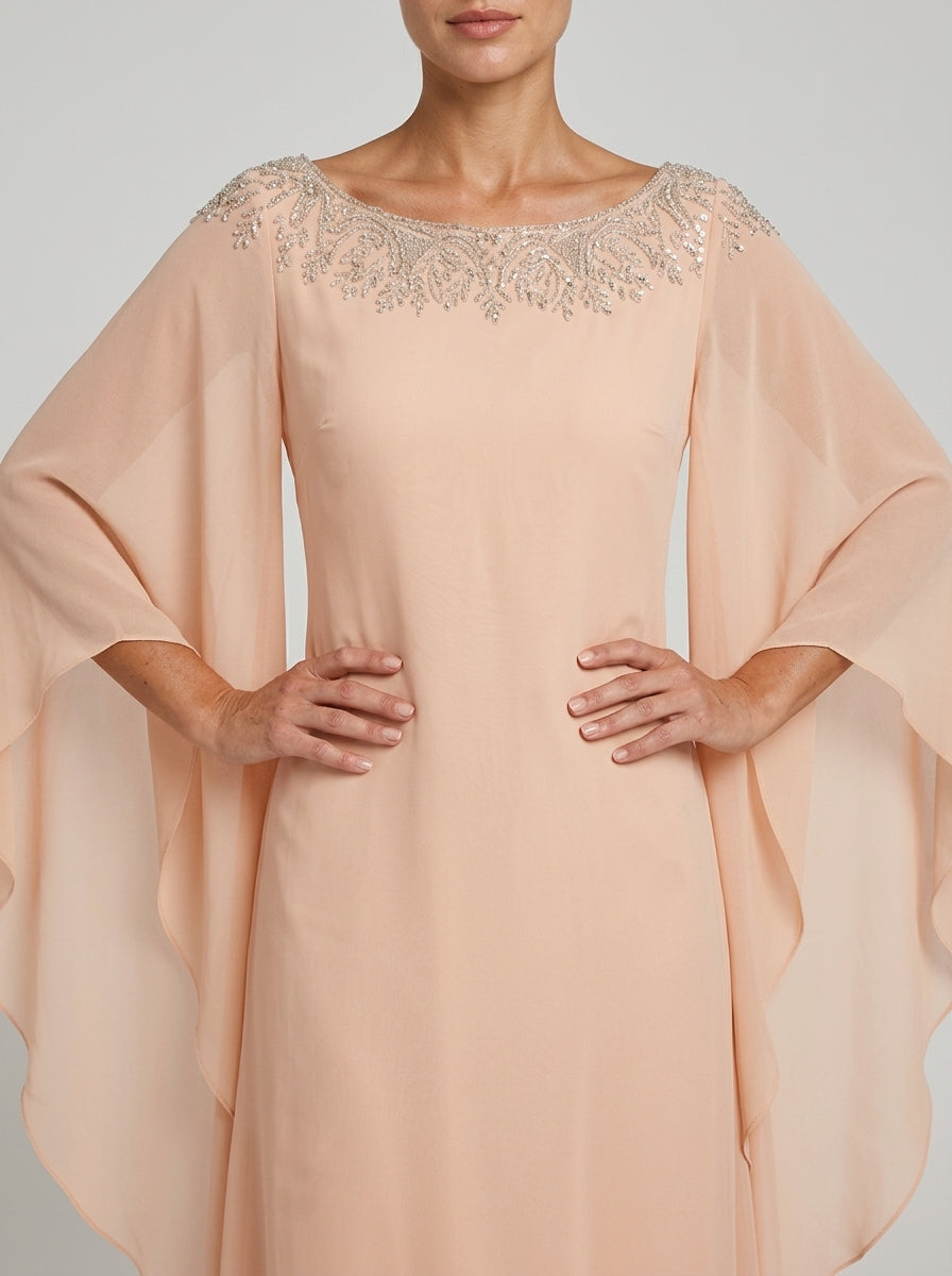 Elegant Sheath Bateau-neck Cape-sleeve Solid-back Floor-length Mother of the Bride Dress