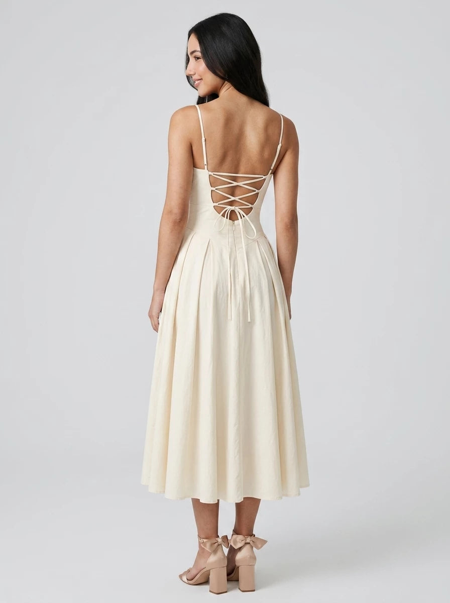 Sweet A-line Square-neck Spaghetti-strap Solid-back Midi Prom Dress