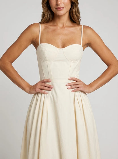 Sweet A-line Square-neck Spaghetti-strap Solid-back Midi Prom Dress