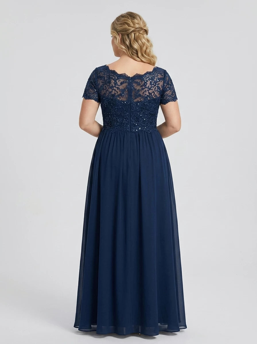 Regal A-line Illusion-neck Short-sleeve Zip-back Floor-length Mother Of The Bride Dress