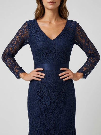 Navy Blue Lace A-Line V-Neck Back Zip Floor-Length Dress