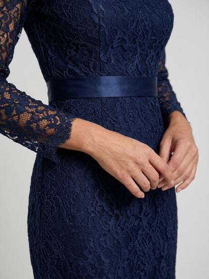Navy Blue Lace A-Line V-Neck Back Zip Floor-Length Dress