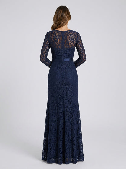 Navy Blue Lace A-Line V-Neck Back Zip Floor-Length Dress