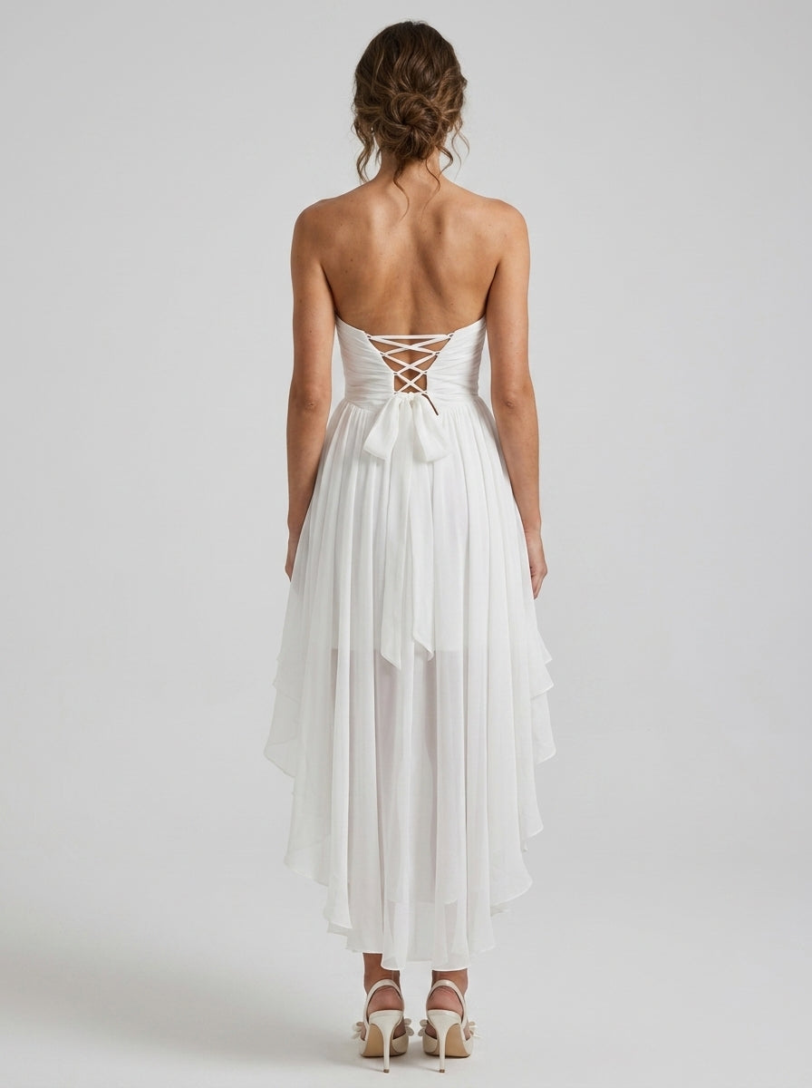 Romantic High-Low Strapless Sweetheart Ruched Ruffle Chiffon Homecoming Dress